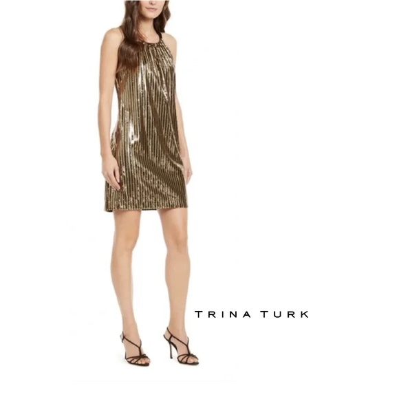 Trina Turk Dresses & Skirts - Trina Turk Gold Sequin Halter Mini Dress NWT